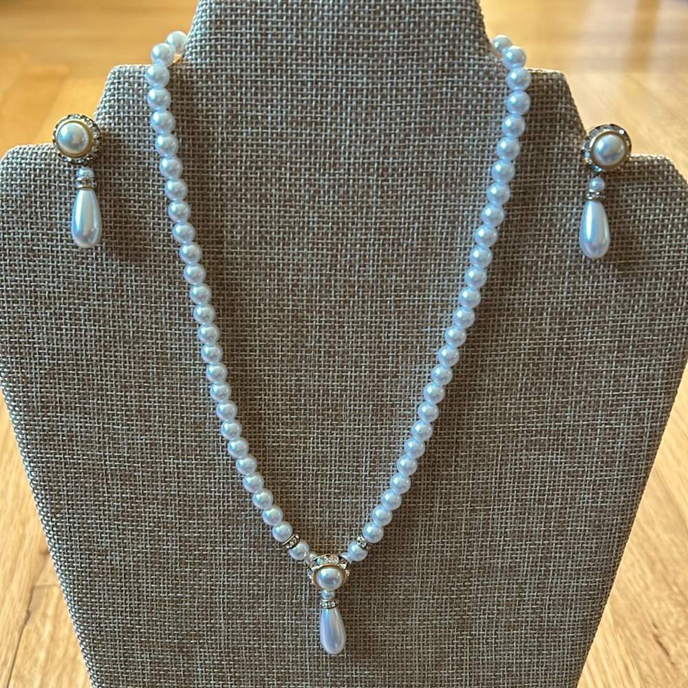 ‘80’s Faux Pearl & Rhinestone Necklace and Earrings with Drop Pearls